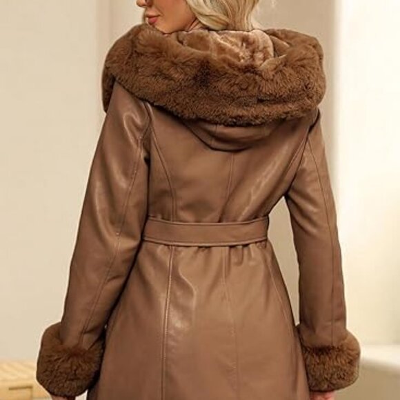 Puffer Jacket Women Winter Fur Lined Camel Coat Long Fur Collar Warm Overcoat - Picture 2 of 5